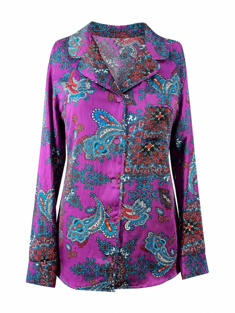 IMAN Global Chic Paisley Button Front Blouse Purple Teal Size S NWT